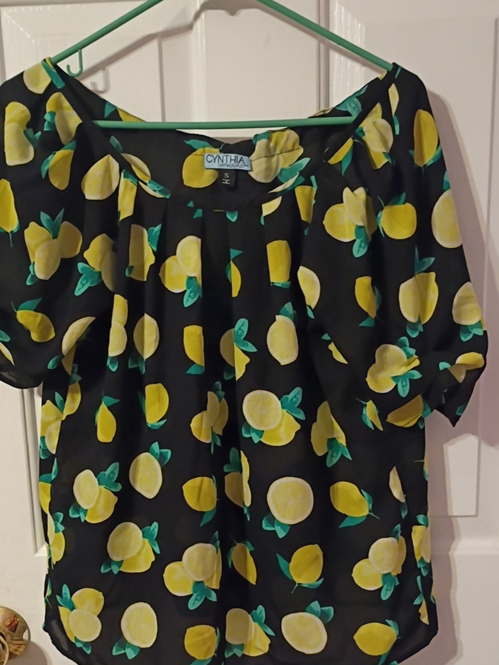 Cynthia Rowley Top Black Lemon Print Short Sleeve Blouse - Yellow